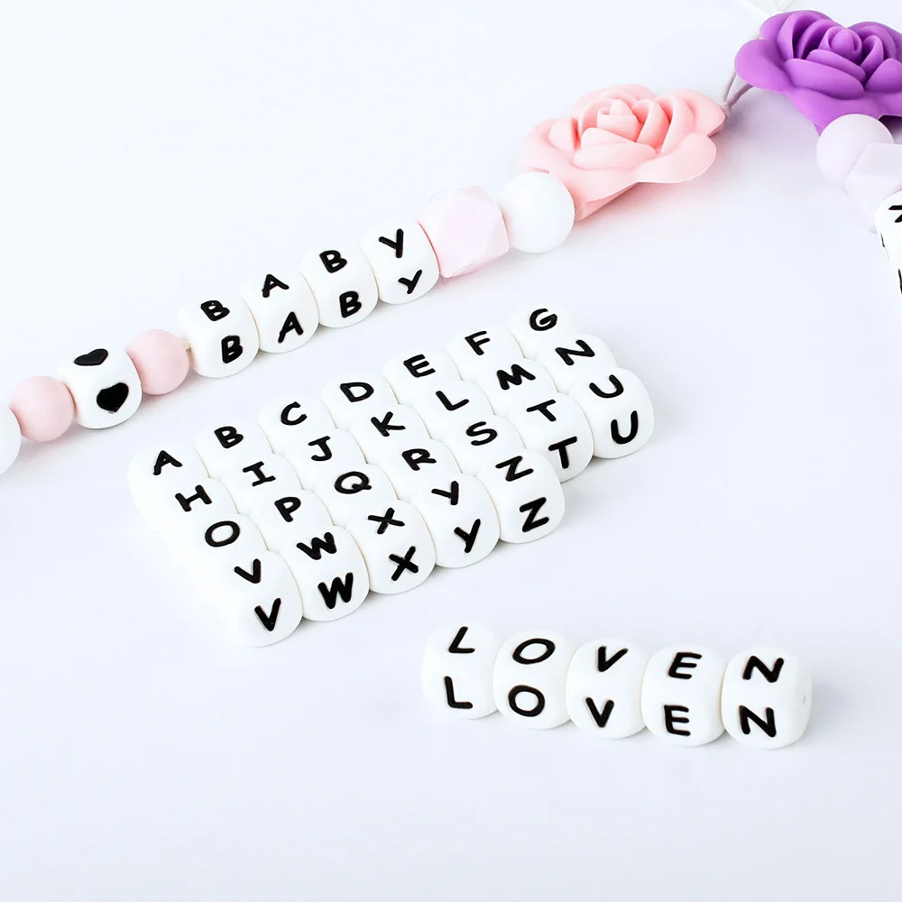 15/36/100/200/500/1000pcs Letter Silicone Beads 12mm Baby Teether Beads Chewing Alphabet Bead For Personalized Name DIY Teething