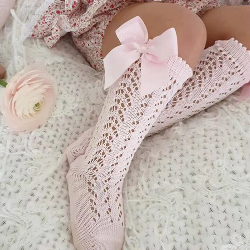 Cute Girls Knee High Socks Bows Cotton Breathable Soft Children Socks Hollow Out Non-slip Newborn Infant Long Socks 0-6Years