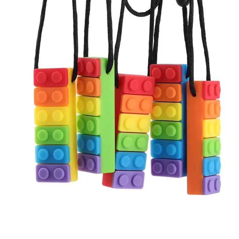 1PC Rainbow Brick Chew Necklace Baby Silicone Teether Autism Sensory Chewy Toys