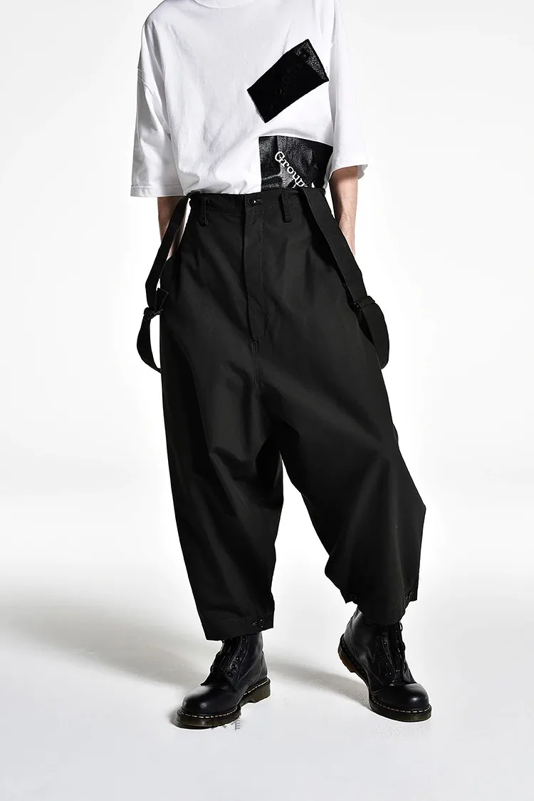 Men's spring and autumn wide leg pants overalls loose men's casual pants large size suspenders Japanese Yamamoto wind