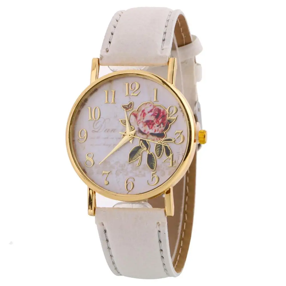 Rose Flower Round Dia Watch Women Elegant Watches Faux Leather Band Arabic Number Quartz Wristwatch Montre Femme Christmas Gift