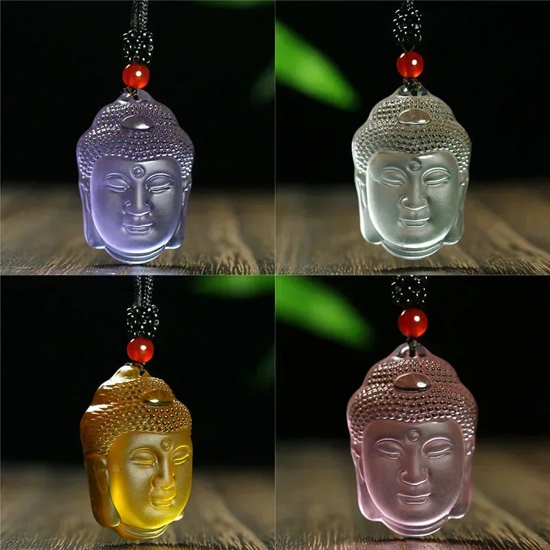 Main Natural White and Yellow  Pink Crystal Carved Buddha Head Pendant Necklace Jewelry Charm Aura Amulet Gift for Men Sweater Chain image