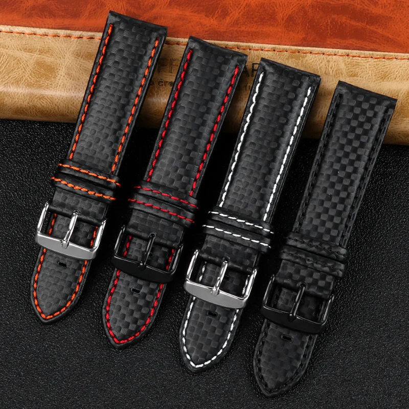 Genuine leather bracelet Carbonfiber grain Watchband 18mm 20mm Red Orange stitching watch band 21mm 22mm 23mm 24mm watch strap