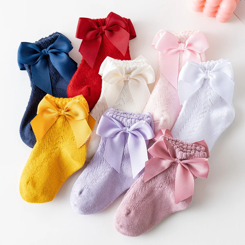 0-5Years Baby Girls Socks With Big Bows Breathable Children Girl Short Socks Hollow Out Toddlers Kids Cotton Princess Cute Socks