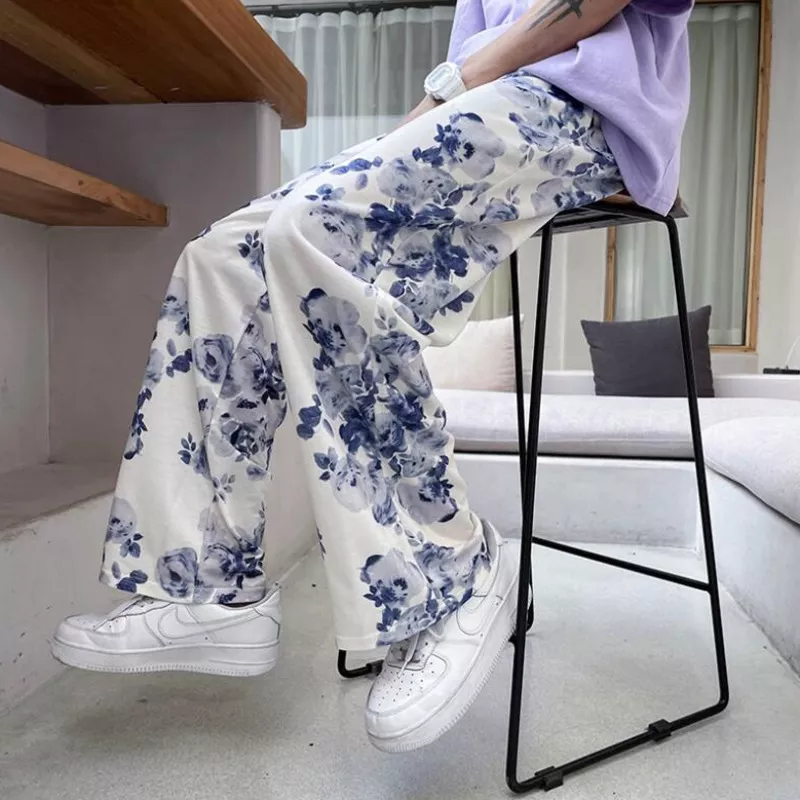 Spring Summer Flower Pants Men's Fashion Printed Casual Pants Men Streetwear Loose Hip-hop Straight Wide-leg Pants Mens Trousers