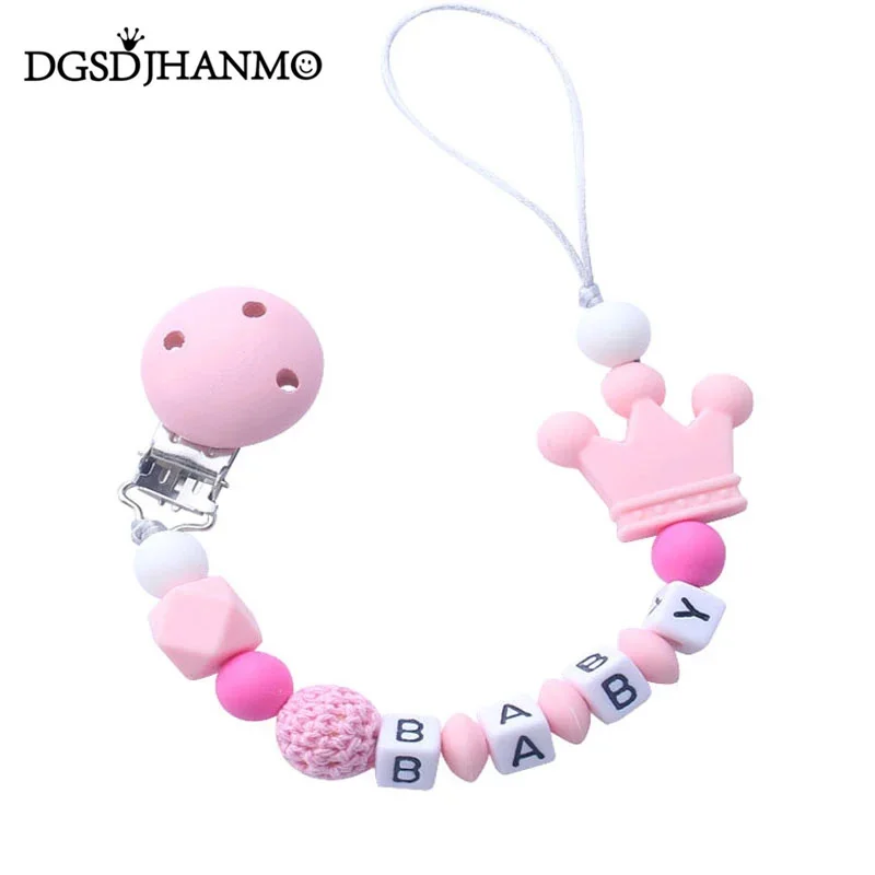 Handmade Free personalized Name silicone baby pacifier chain silicone crown pacifier holder baby safe teether clip