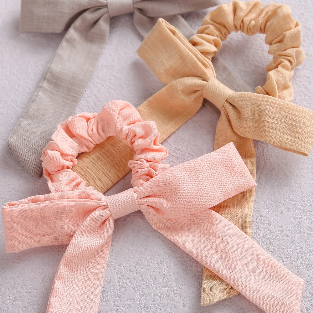 Solid Color Bow Linen Girls Elastic Hair Bands Long Ribbon Ponytail Scarf Hair Tie Women Scrunchies Girl Hair Accessories