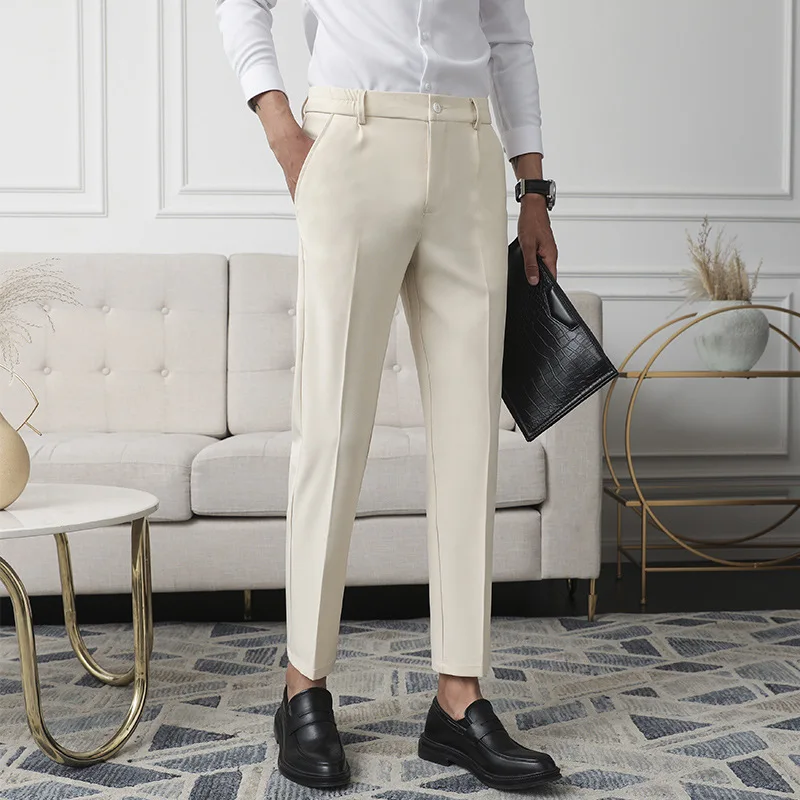 New Men Non-iron fabric Dress Pants Slim Straight Black Apricot Dark Gray Casual Suit Pants Male Business Little Feet Suit pants