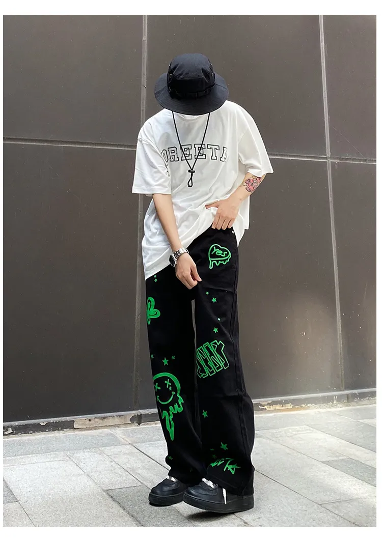 Summer thin men's fashion famous brand versatile loose straight Summer wide leg pants clothes streetwear hiphop denim New 2021