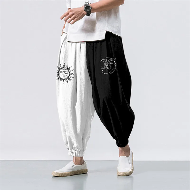 Oversize 6XL White Black Sun Moon Splicing Printed Casual Beach Harem Pants Men Hip Hop Nine Points Trousers Jogger Sweatpants