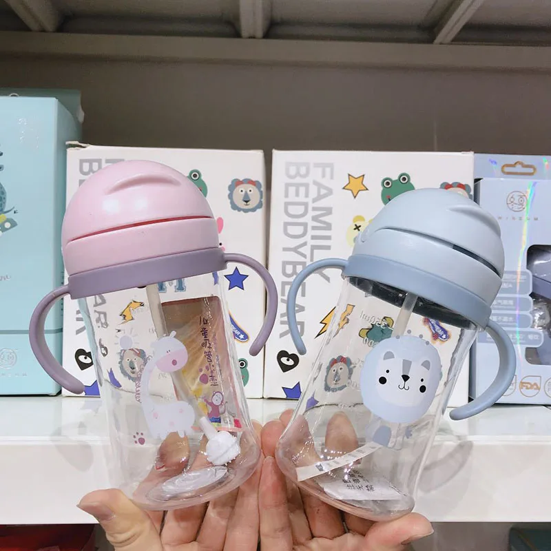 250/350ml Child Bottle with Straw Portable Kids Training Cups with Straw Baby Feeding Cup Cartoon Pattern Drinking Water Bottle