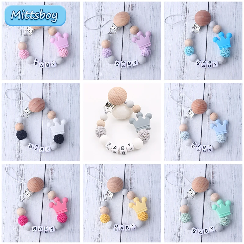 NEW Custom Personalized Name Pacifier Clip Handmade Beech Wooden Chain Silicone Crown Holder Soother Baby Teething Toy Chew Gift