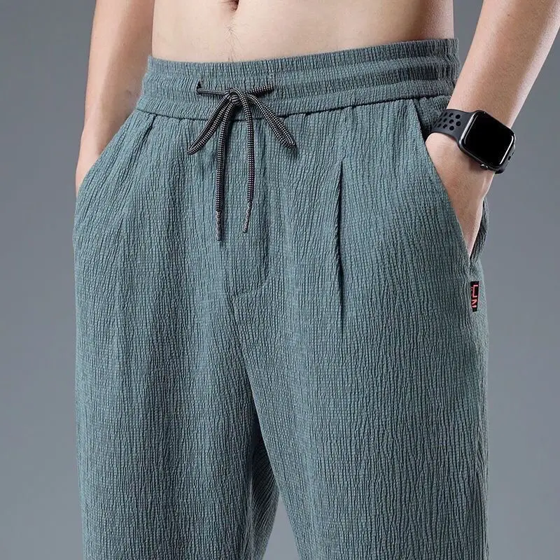 Summer Ice Silk Linen Man Pants Casual Sweatpants Male Quick-dry Sport Ankle-length Harem trousers 2023 Streetwear Fashion