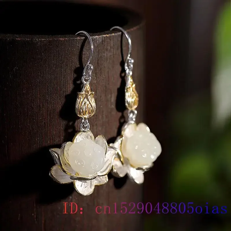 Main White Jade Flower Earrings Amulet Women Chalcedony Charm Crystal Fashion Zircon Gemstone Gifts Jewelry Natural 925 Silver image