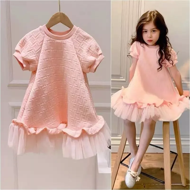 Spring Summer Girls Dress Fashion 2-9Y Children Pink Long Dress Baby Short-sleeved Mesh Dress Princess Dress Teenage clothing