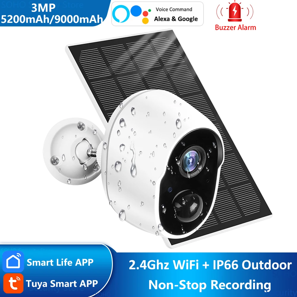 Main 3MP Tuya Smart Life 5200/9000mAh Rechargeable Battery Solar Outdoor WIFI 1080P Surveillance Security Siren Camera Alexa Google image