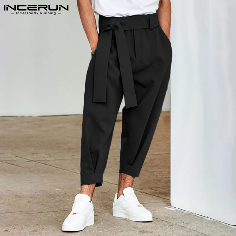 Men Pants Solid Color Joggers 2023 Baggy Lace Up Fashion Casual Trousers Men Streetwear Leisure Pantalon With Belt 5XL INCERUN 7