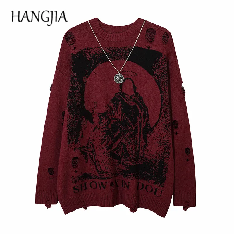 Harajuku Priest Salvation Printed Knitwears Women Streetwear Hip Hop Destroyed Hole Ripped Pullovers Jumper Oversized Men