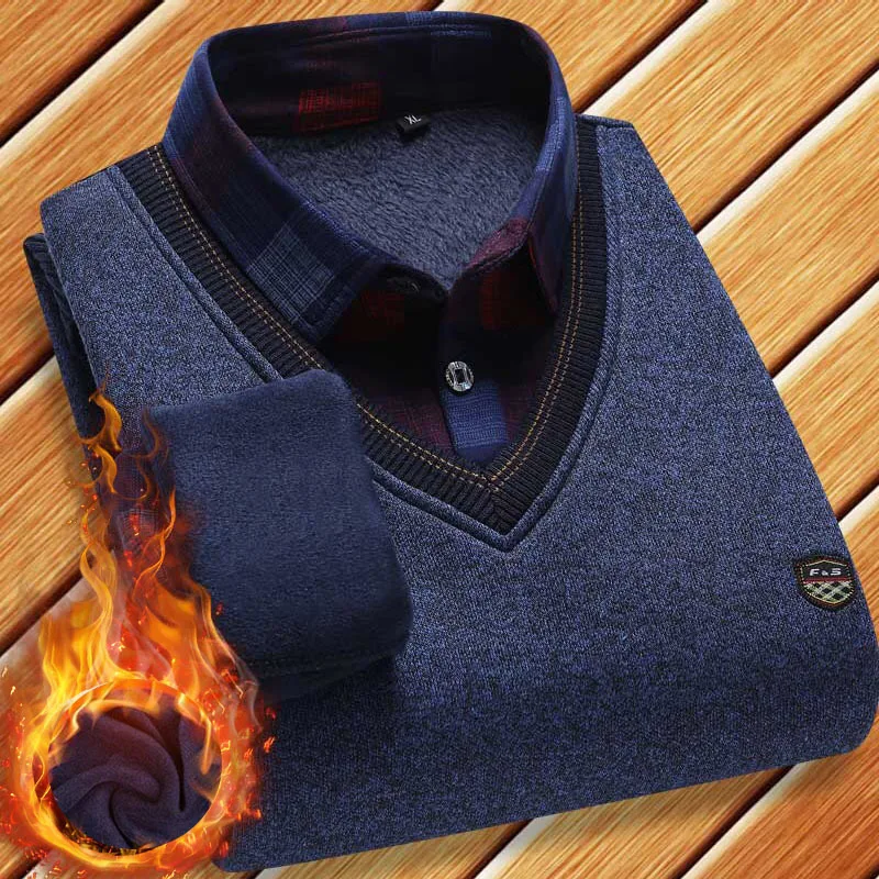 Young and Middle-aged Men's Shirt Collar Fake Two-piece Sweater Bottomed Shirt Men'sSweater Mens Knitted Sweater  Winter Clothes