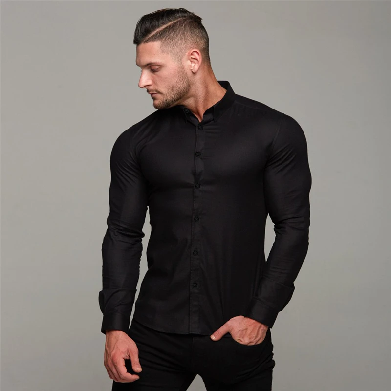 New Spring Autumn Mens Full Sleeve Shirt Solid Fitness Men Turndown Collar Super Slim Fit Business Dress Shirt Button Gym Tops