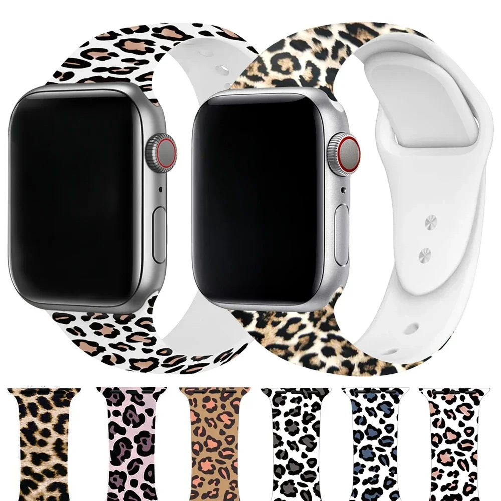 Silicone Leopard Printed Watchband for Apple Watch Ultra 2 49mm 38mm 40 42mm 44 Bracelet for IWatch Series 9 8 7 6 5 4 41mm 45mm