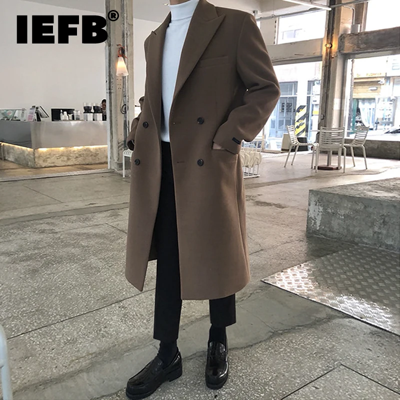 IEFB Men's Autumn Winter Mid Length Woolen Coat New Korean Tide Black Thickned Overcoat Long Sleeve Double-breasted Jackets