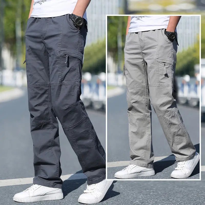 Summer Cotton Cargo Trousers Men Work Pants Sports Casual Jogging Training High Quality Overalls Plus Size Loose Straight Pants