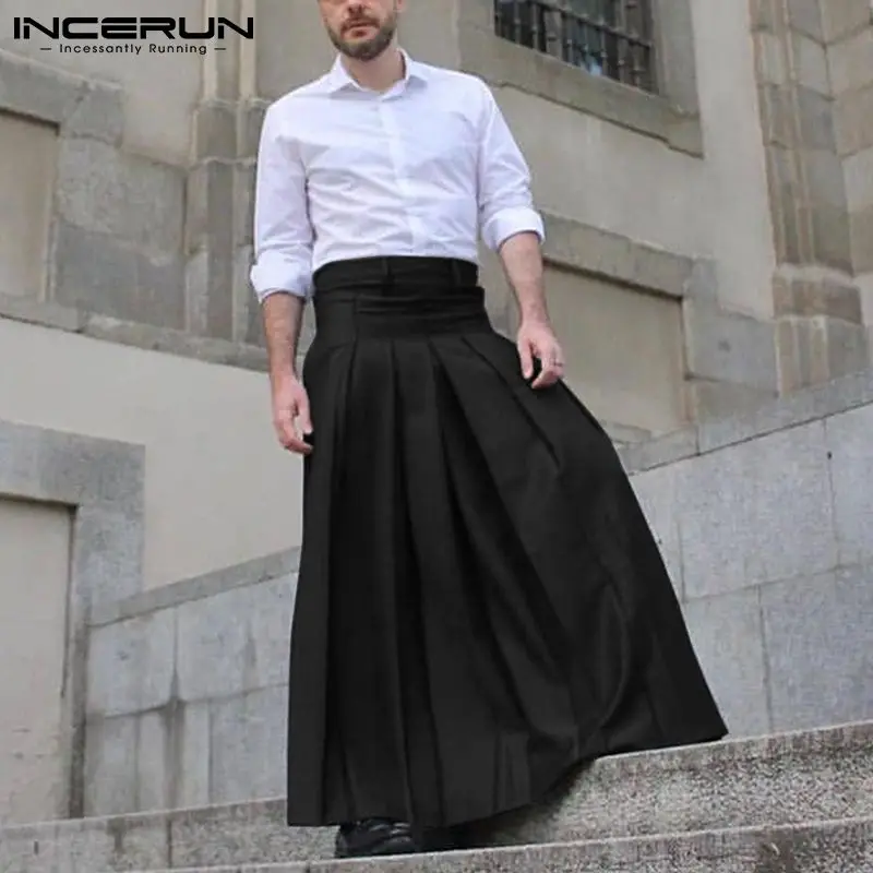 INCERUN Men Casual Skirts Pants Zipper Solid Color Pleated Streetwear Loose Men Bottoms 2023 Fashion Leisure Long Skirts S-5XL