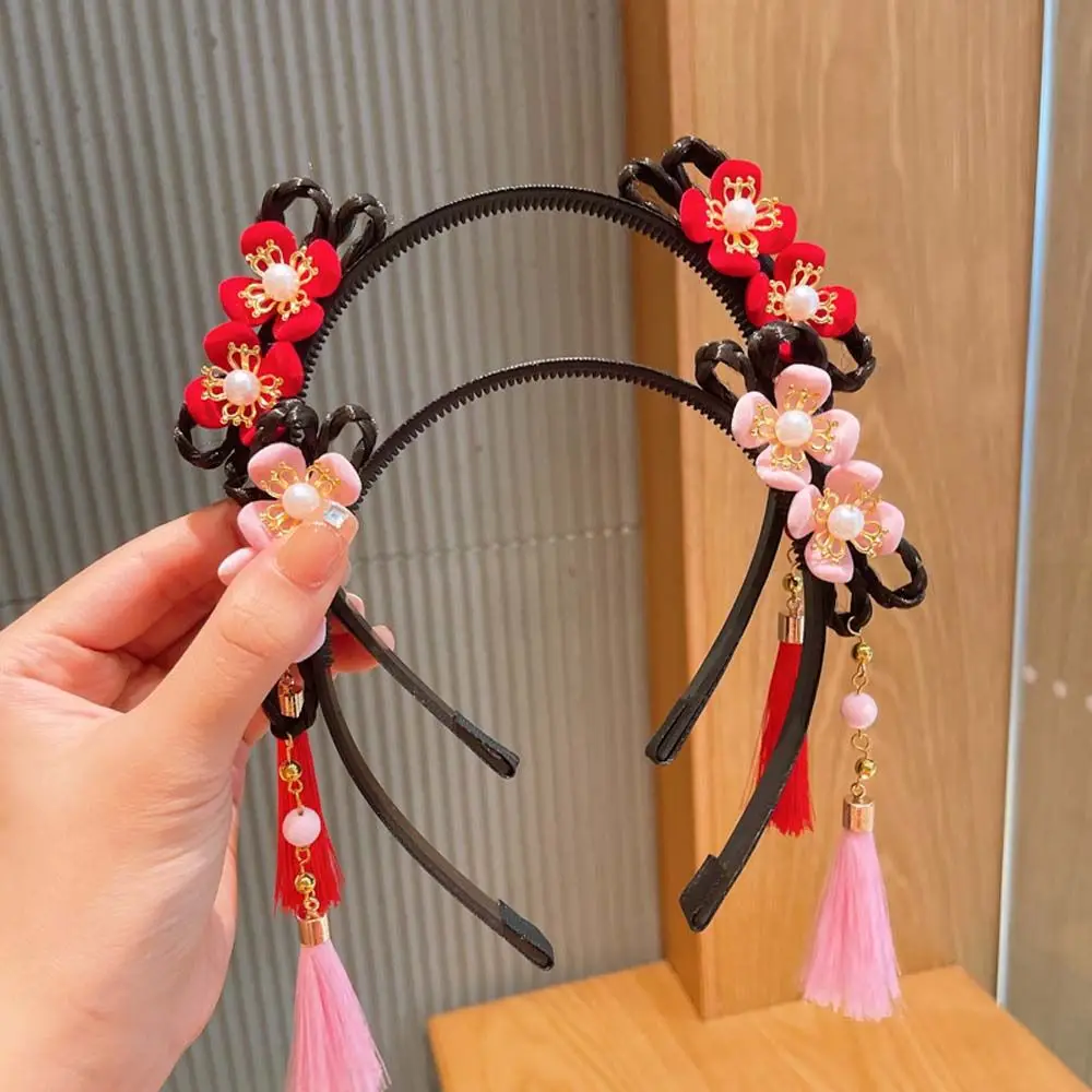 Chinese Style Fashion Hanfu Flower Tassel Headband Pigtail Wig Children's Pearl Bow Cartoon Cute Hairband New Year Headdress