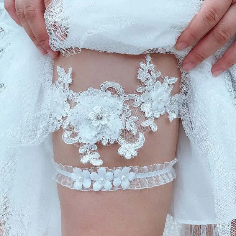 Main 2Pcs/Set Womens Bridal Stretch Wedding Thigh Rings Embroidery Flower Faux Pearl Rhinestone Jewelry Prom Party Leg Garter image