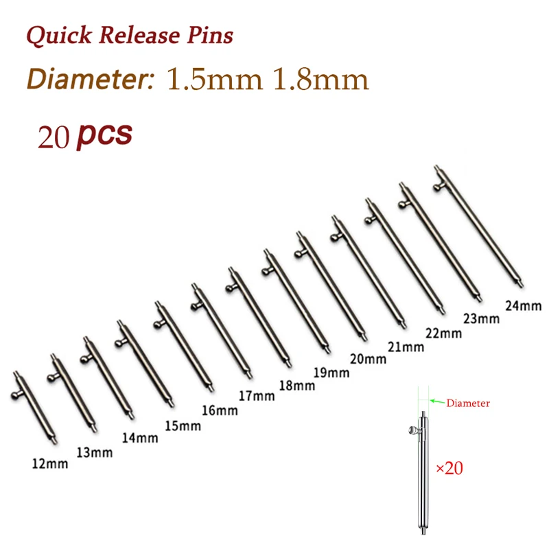 20pcs Watch Band Full Stainless Steel Spring Bars 12 13 14 15 16 17 18 19 20 21 22 24mm Quick Release Strap Link Pin 1.5mm 1.8mm