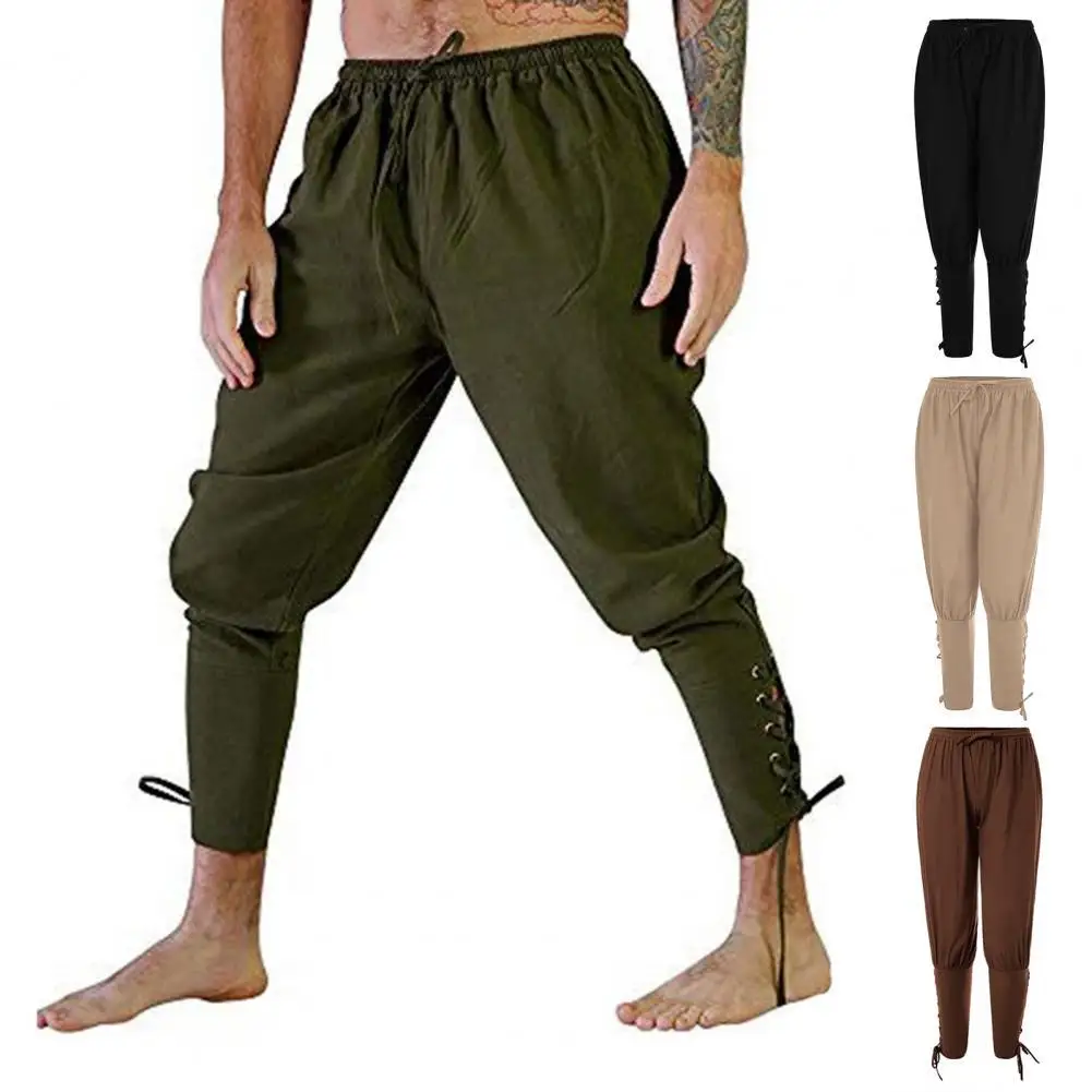 Adult Men Medieval Pirate Pants Linen Horseman Knight Costume Loose Leggings Viking Black Navigator Leg Bandage Trouser