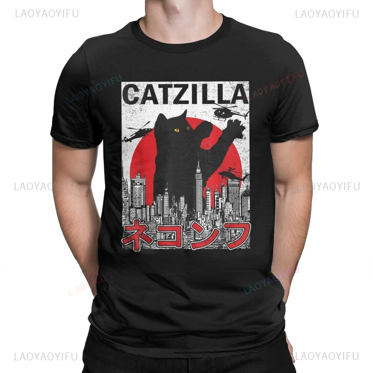 Funny Catzilla Japan Cat Kitten Lover Men T Shirt Male Casual Tees Summer Hombre Oversized Tee Harajuku Shirt Men Clothing