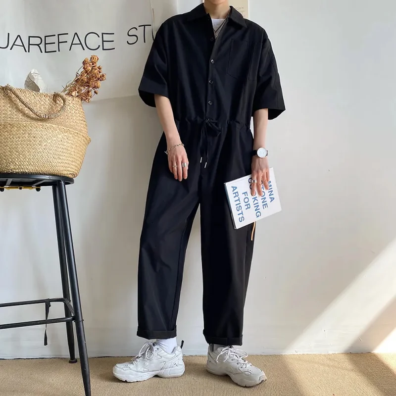 Men's Overalls Jumpsuits Summer Fashion Casual Nine Point Cargo Pants Japanese Retro Male Clothes Couple Loose Solid Color Suit