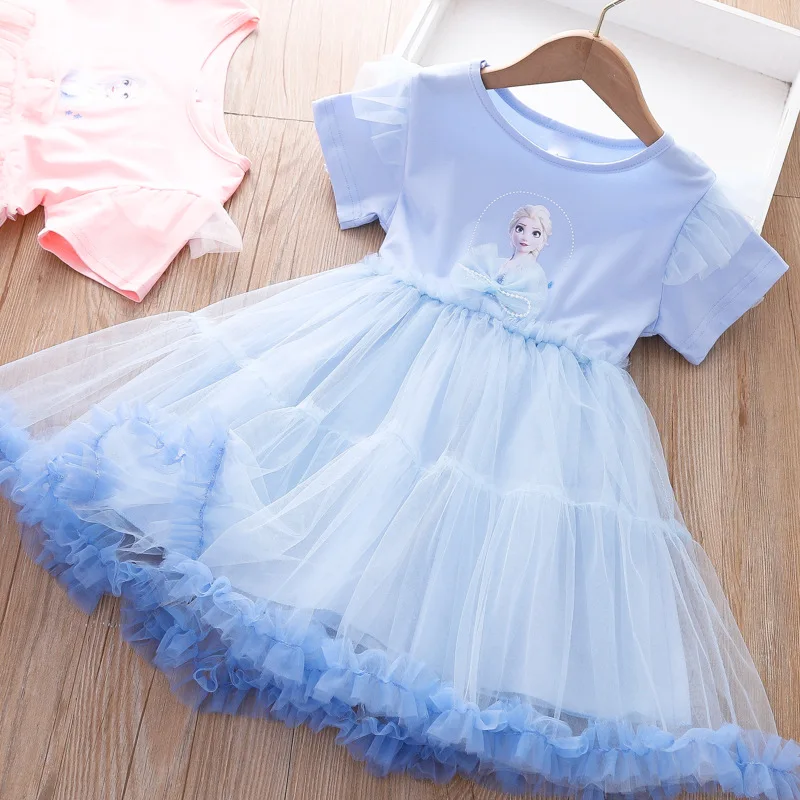 Girls Elsa Dress 2022 Summer Dress New Children's Frozen Princess Dress Baby Mesh Puff Dresses Girl Short Sleeve Party Clothes