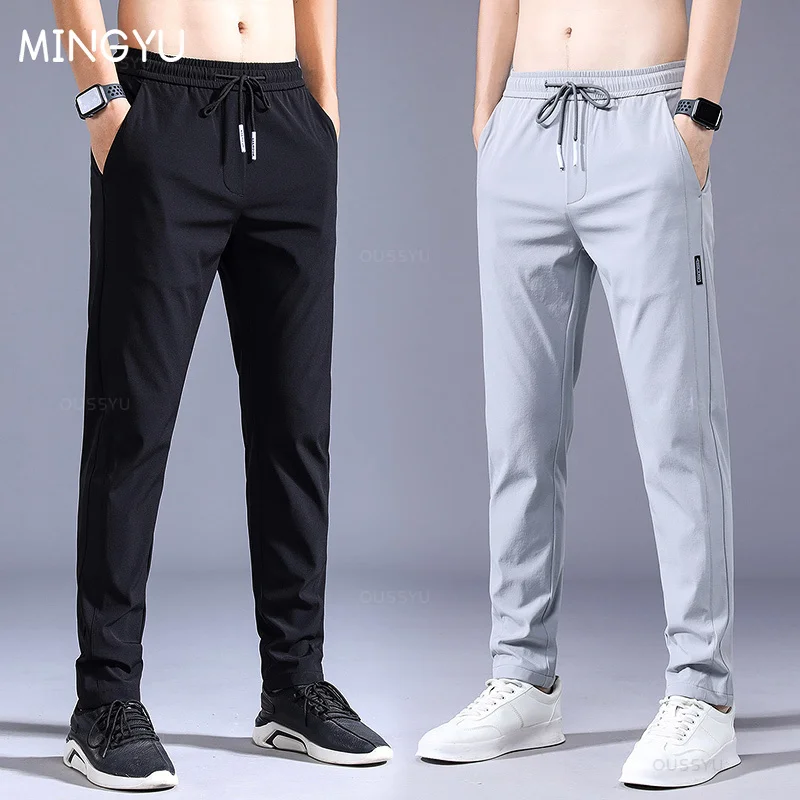 Summer Men's Casual Pants Thin Soft Elasticity Lace-up Waist Solid Color Pocket Applique Korea Grey Black Work Trousers Male 38