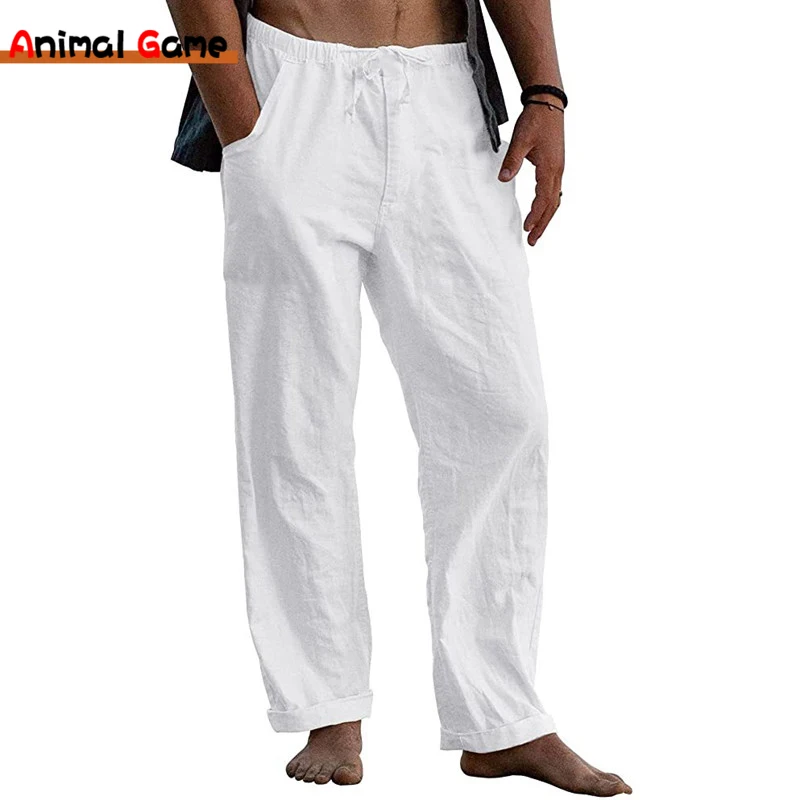 New Men's Cotton Linen Pants Male Autumn New Breathable Solid Color Linen Yoga Trousers Fitness Streetwear S-3XL