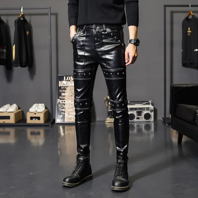 2024 New Winter Spring Mens Skinny Biker Leather Pants Fashion Faux Leather Motorcycle Trousers for Male Trouser Stage Club Wear