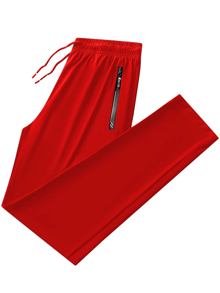 2022 New Men's Red Sweatpants Breathable Nylon Spandex Cool Joggers Plus Size Sportswear Zip Pockets Straight Long Track Pants