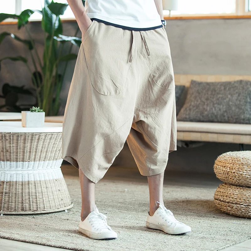 Men Harajuku Harem Pants 2023 Mens Summer Cotton Linen Joggers Pants Male Vintage Chinese Style Soild Color Calf-lenght Trousers