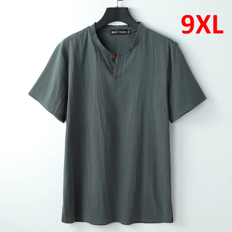 9XL Linen T-shirt Men Summer Solid Color Tshirt Fashion Casual Linen Tees Tops Male Henley Collar T Shirt Plus Size 8XL 9XL