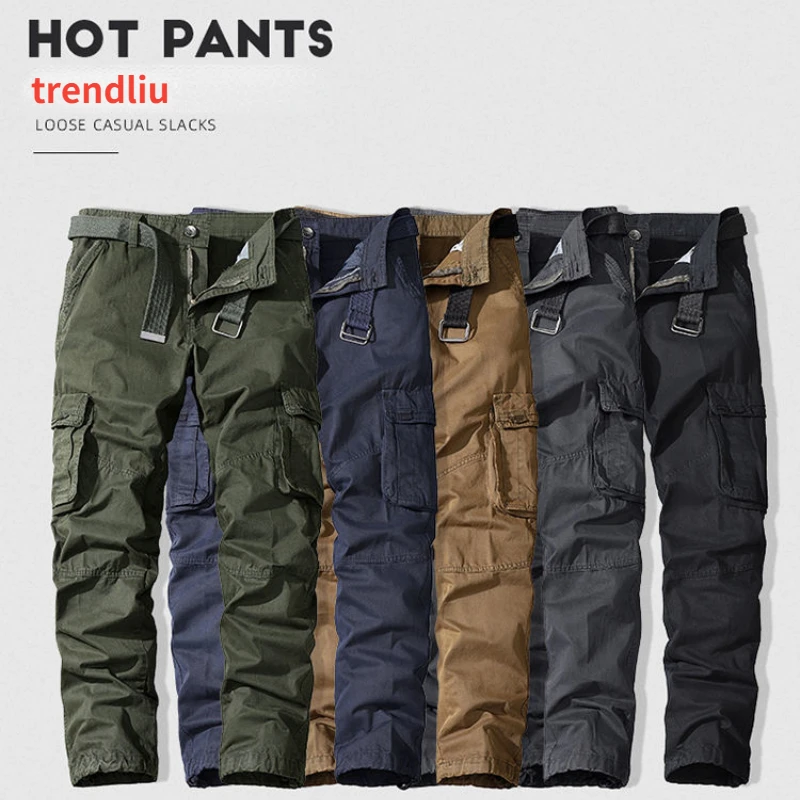 Men's Military Trousers Casual Cotton Solid Color Cargo Pants Men Outdoor Trekking Traveling Trousers Multi-Pockets Work Pants