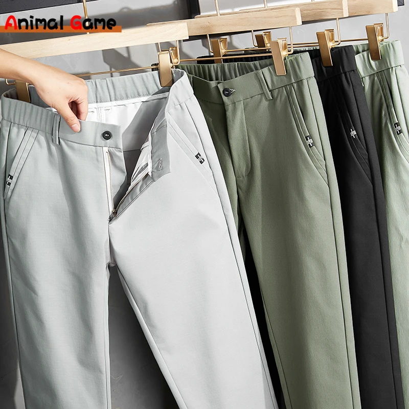 Spring Summer Pants Mens Stretch Korean Casual Slim Fit Elastic Waist Business Classic Trousers Male Black Gray Long Pants Men