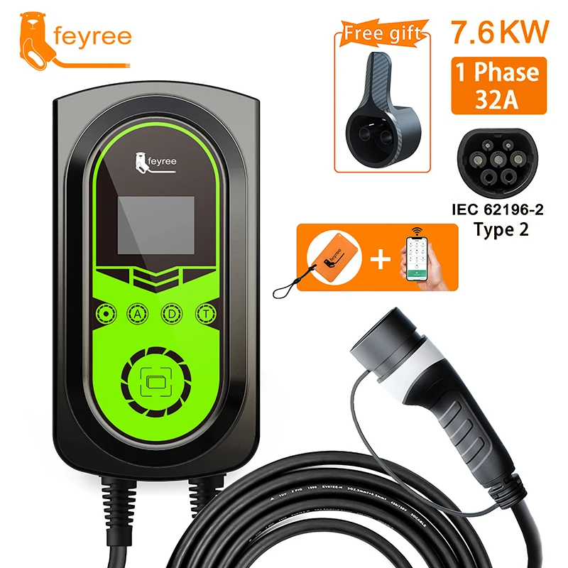 feyree EVSE Wallbox EV Car Charger Electric Vehicle Charging Station Wall mounted 7.6KW 11KW 22KW Type2 Cable IEC62196-2 Cord