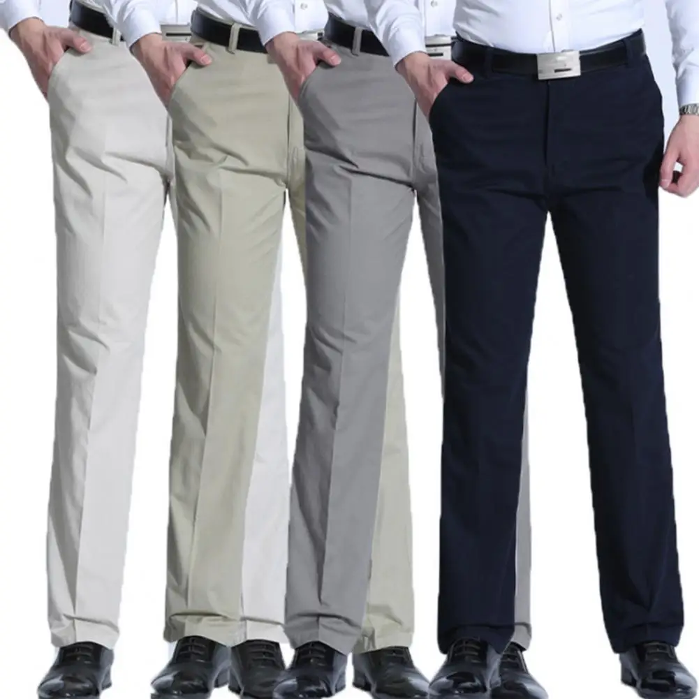 Formal Middle-aged Men Trousers Solid Color High Waist Spring Summer Stretchy Full Length Pants for Business Office Work Daily