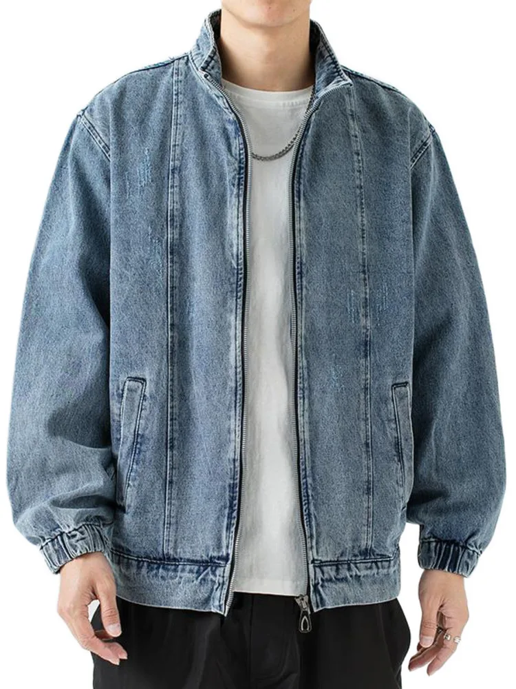 Stand Collar Denim Jacket Men Casual Autumn Zip Closure Jacket Coat Loose Baggy Blue Retro Jacket Man Fashion Clothing