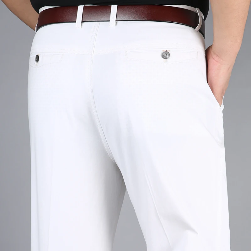 Spring Summer Straight Loose Thin Cotton Casual Pants Men High Waist Solid White Middle-aged Dress Trousers Male Breathable