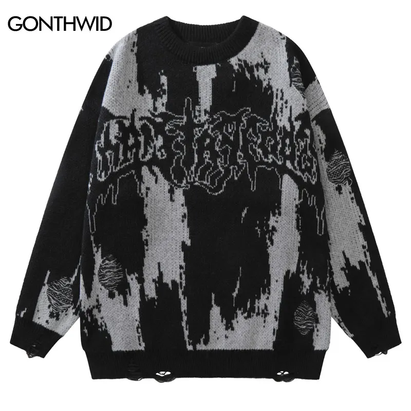 Hip Hip Ripped Sweaters Grunge Y2K Vintage Knitted Punk Gothic Streetwear Jumpers Sweater Men Women Harajuku Fashion Pullover