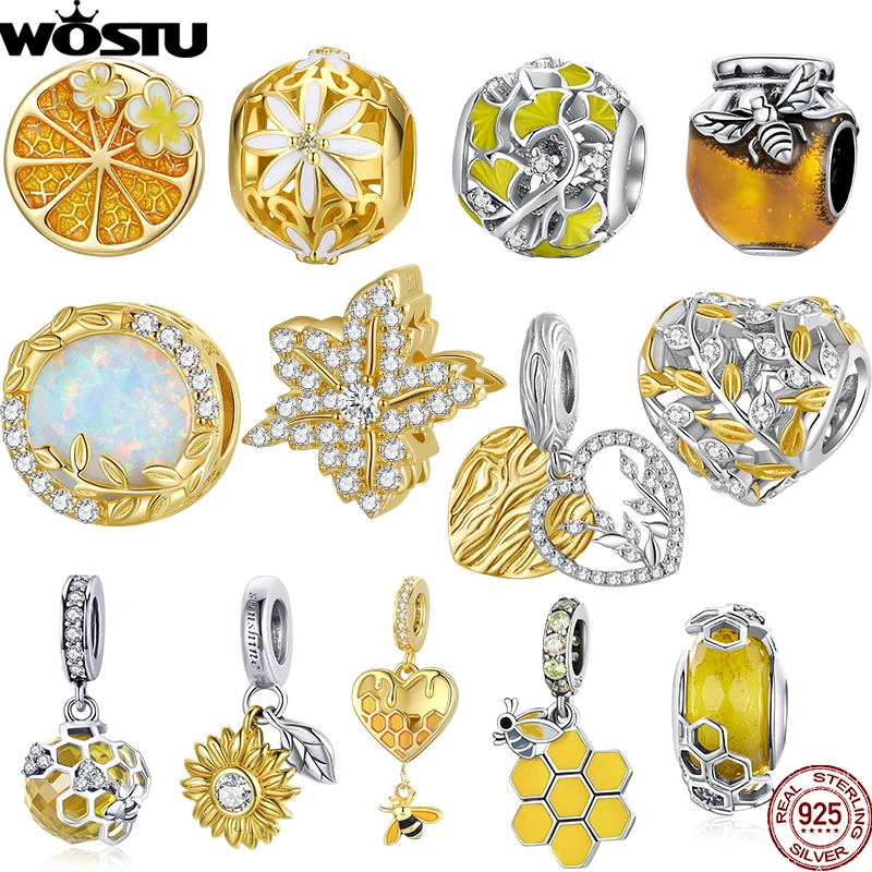 WOSTU 925 Sterling Silver Autumn Theme Opal Leaf Hanging Pendant Honey Bee Gold Plated Beads Fit Original Bracelet Fine Jewelry