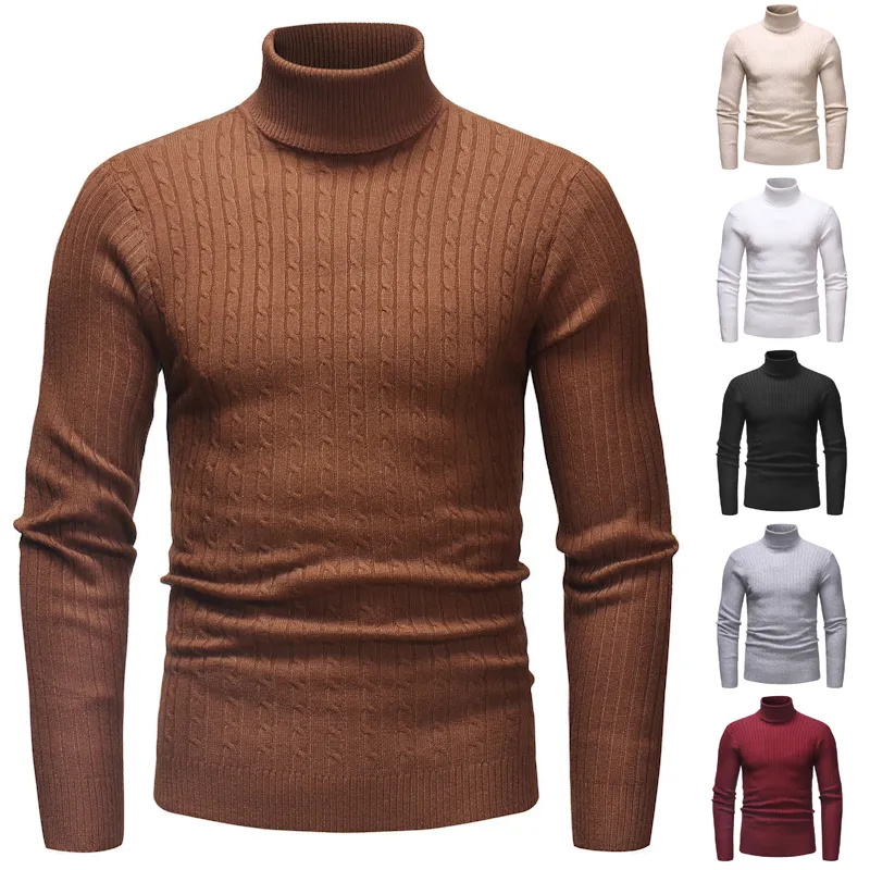 14 Colors！Autumn and Winter New Men's solid color Turtleneck Striped Sweater  Warm Casual Pullover Sweater